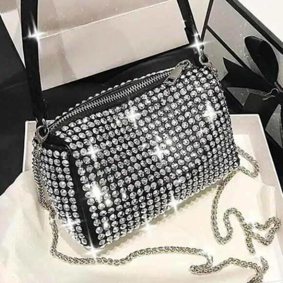 Black with silver Rhinestone Chain Square Bag purse - Picture 2 of 11